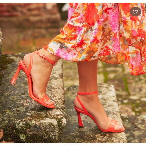 NWT Vince Camuto Lilah Coral Orange Leather Ankle Strap High Heel Sandals Sz 10M - Picture 3 of 9